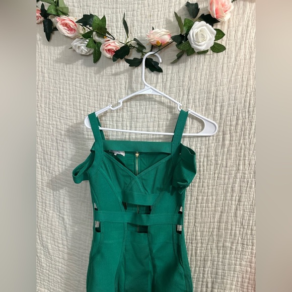 House of CB CALTINA' TEAL BANDAGE AND MESH DRESS WITH BARDOT NECKLINE - Picture 3 of 10